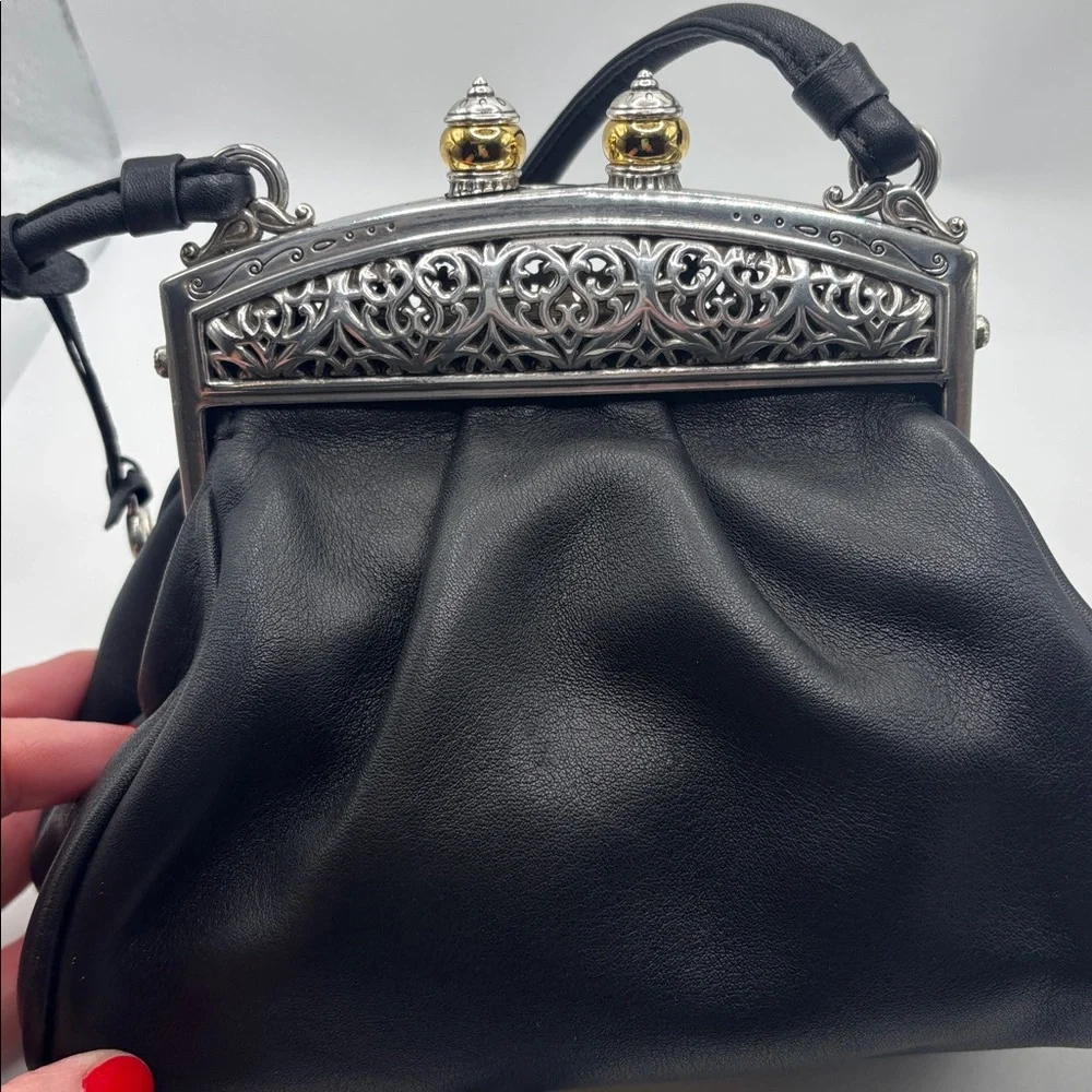 VTG Brighton black mini bag w/magnetic closure ornate silver & gold soft leather - Picture 2 of 10